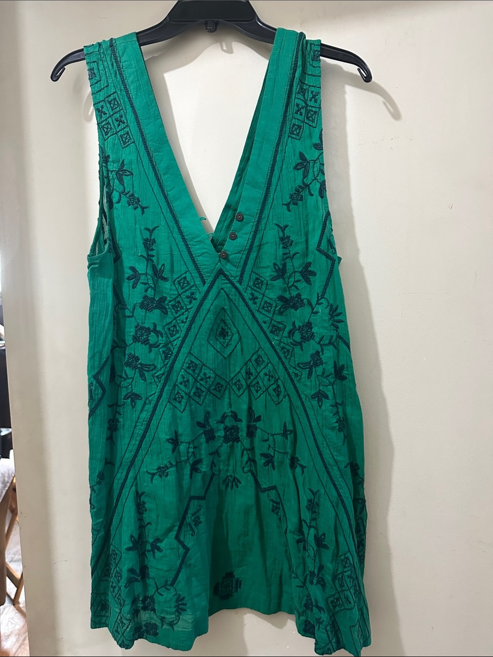 Free People Green Embroidered V-Neck Mini Dress